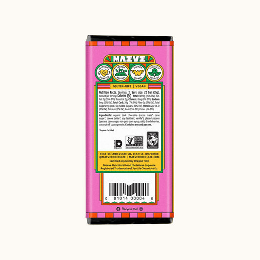 The back of a Maxveve chocolate bar package, featuring a bright pink background with a yellow border, nutritional facts, ingredients, and a barcode on a white studio background.