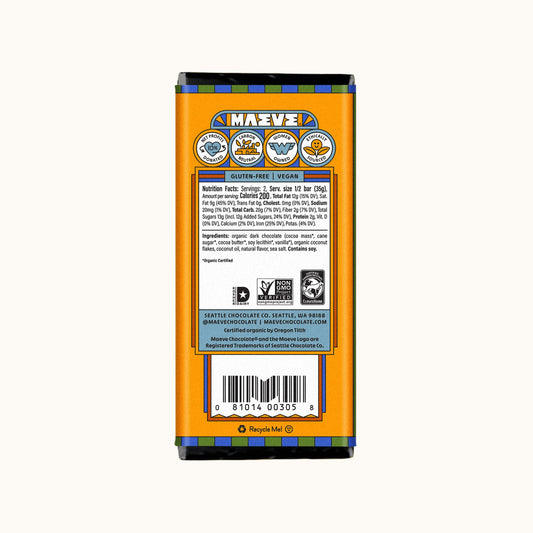 The back of a MAEVE chocolate bar package, featuring a bright orange background with product details, bar specs, ingredients, and a barcode, framed by green and blue striped borders.
