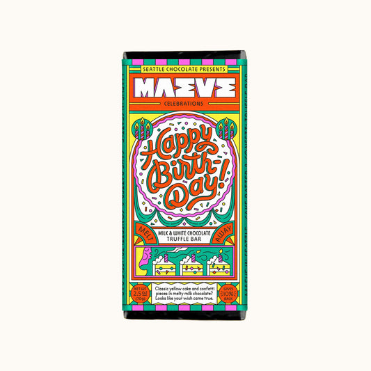 A tall rectangular chocolate bar package with a colorful retro birthday design. The wrapper reads 'MAEVE CELEBRATIONS Happy Birthday!' and 'Milk & White Chocolate Truffle Bar,' with bright orange, green, pink, yellow, and blue illustrated graphics on a white background.