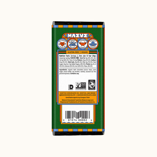 The back of a 12 bar chocolate bar by Maeve Chocolate Company, featuring a green label with product details, certifications, and a barcode, set against a plain white background.