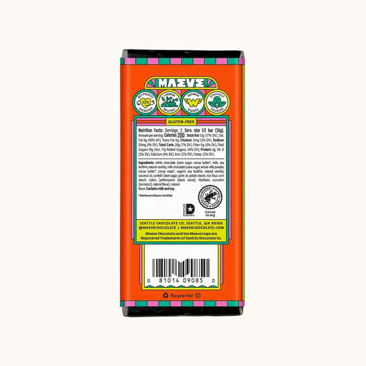 The back of a 137 g (5 oz) Maeve chocolate bar, showing the nutrition facts, ingredients, and barcode on a solid white background.