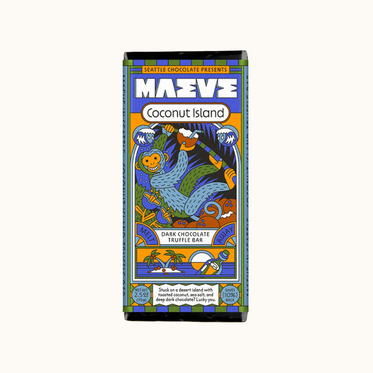 Chocolate bar packaging with colorful design and text on a white background