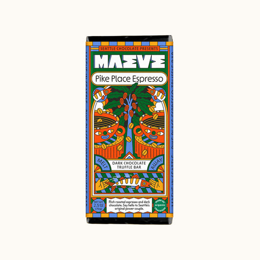 A packaged chocolate truffle bar from the brand MAEVE, specifically 'Pike Place Espresso' dark chocolate truffle bar. The packaging features a highly colorful, whimsical illustration of a tree with candy canes and gold coins, set against a clean white background.