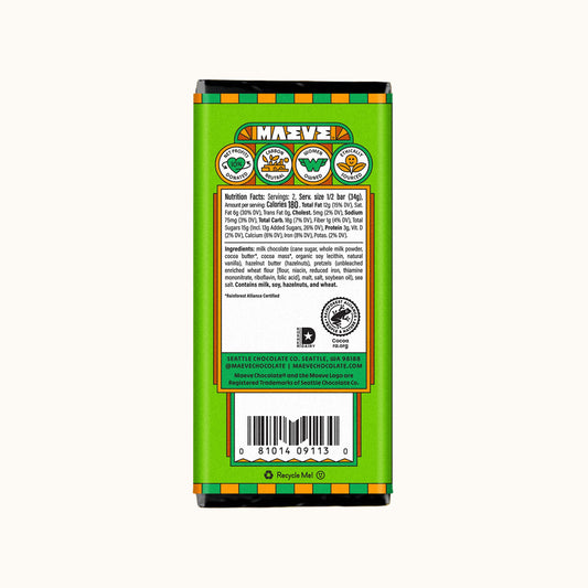 The back of a Maeve chocolate bar package, featuring product information, ingredients, and a barcode on a bright green background.
