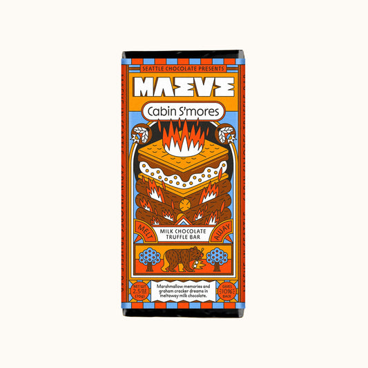 Chocolate bar packaging with a colorful design featuring a campfire and bear, on a white background.